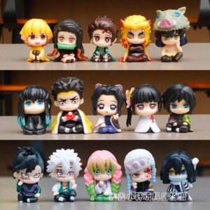 Full Set of Chibi Demon Slayer Figures in Sitting Poses: Tanjiro, Inosuke, Nezuko, and Mitsuri, Car Decorations