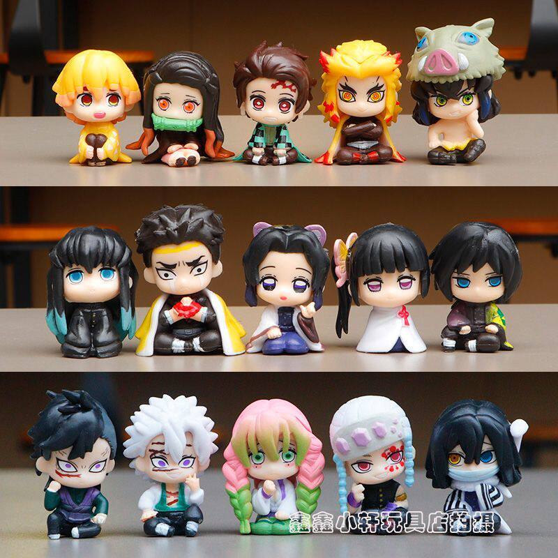 Full Set of Chibi Demon Slayer Figures in Sitting Poses: Tanjiro, Inosuke, Nezuko, and Mitsuri, Car Decorations