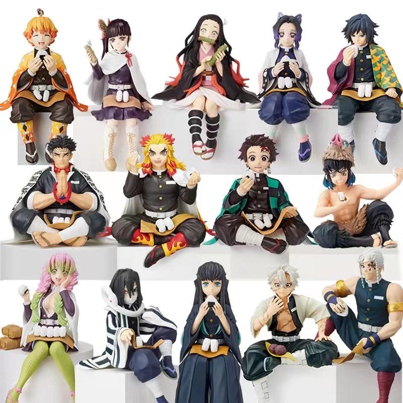 Japanese Demon Slayer Figure Tanjiro, Zenitsu, and Giyu Eating Onigiri Desktop Case Decoration Children's National Trend Ornament Gift