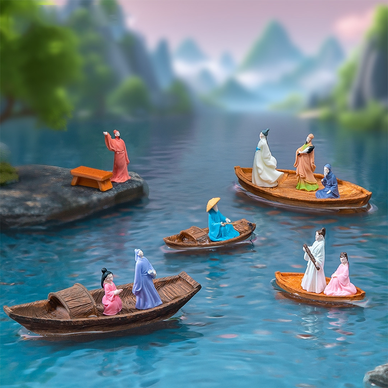 Micro-Landscape Creative Floating Boat with Ancient Characters Like Zhuge Liang and Li Bai DIY Decoration Accessories Mini Figurines