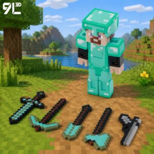 9L3D Printed Mc Minecraft Steve Action Figure with Movable Joints, Building Block Figurine, Children's Birthday Gift