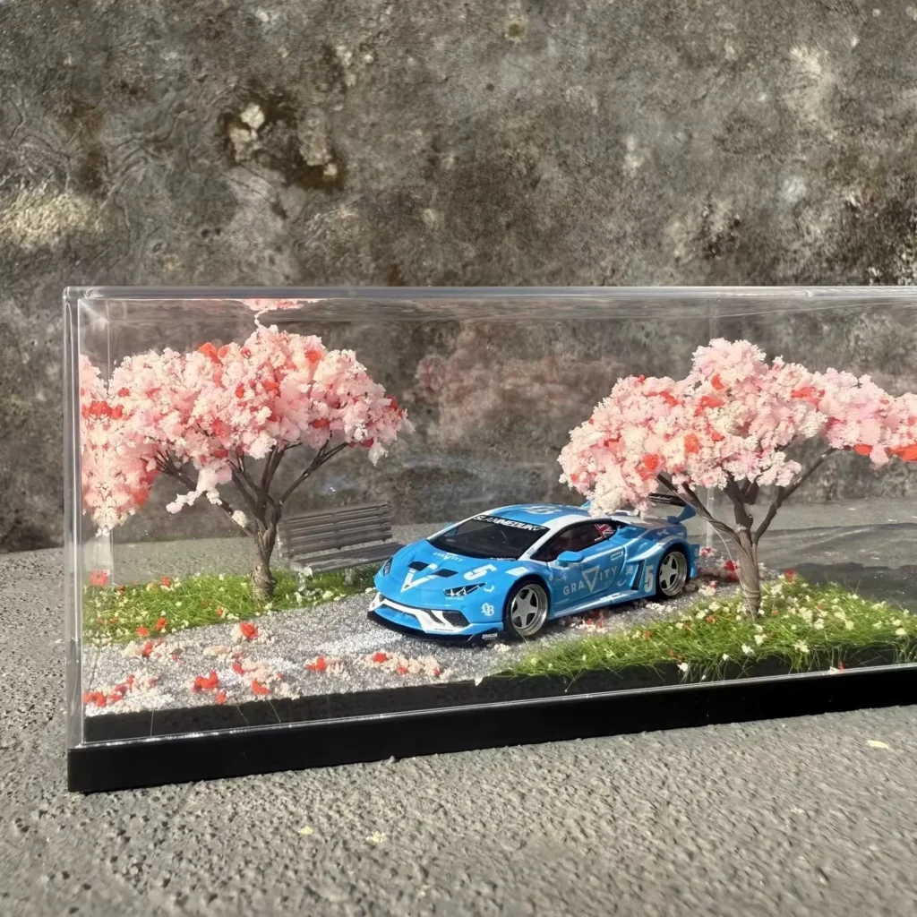 Original 1:64 Cherry Blossom Scene Miniature Car Model Micro Scene Acrylic Display Box Model Gift for Boys