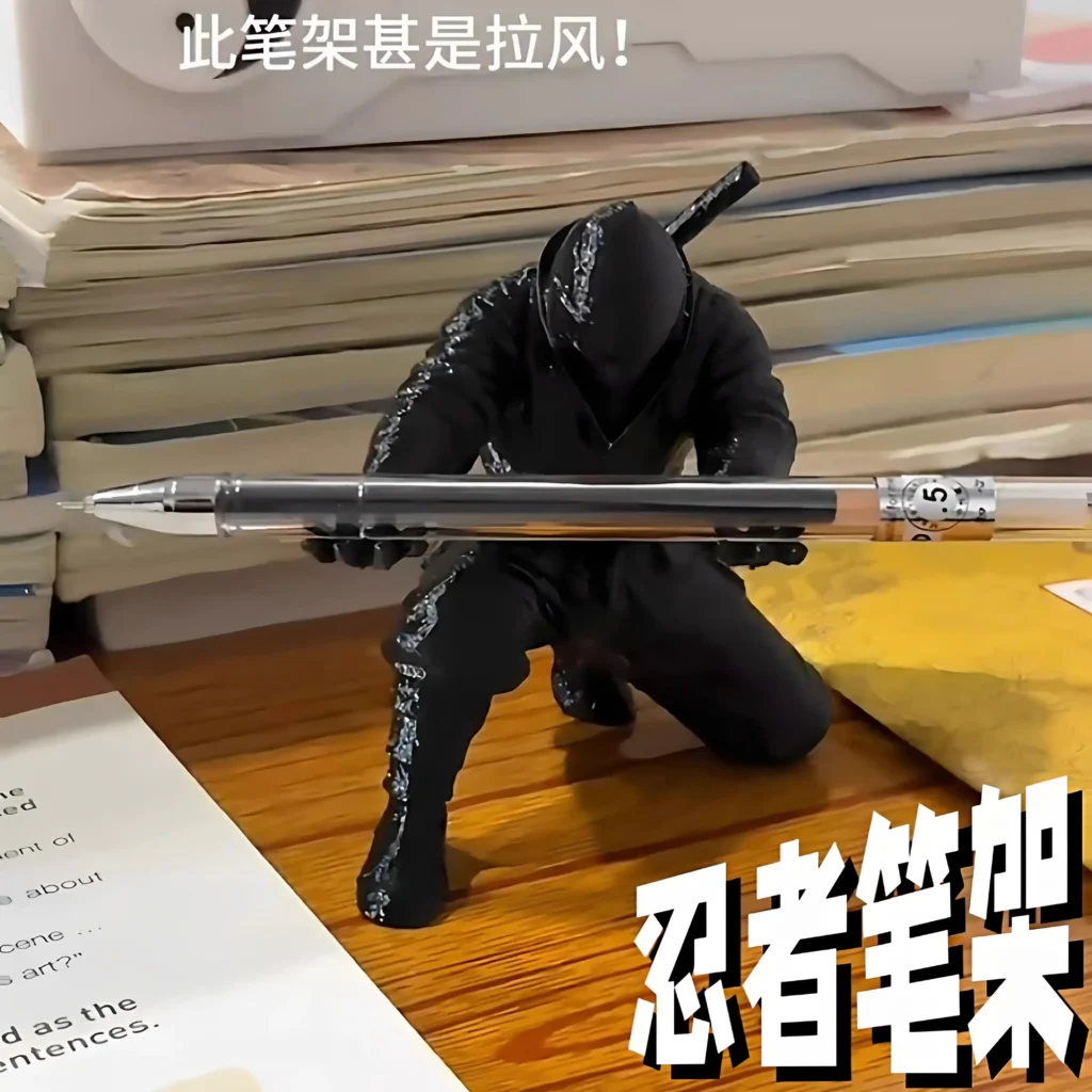 Ninja Pen Holder 3D Printed Black Warrior Figurine Bamboo Material Support Ornament Creative Trendy Desktop Decoration Pen Stand
