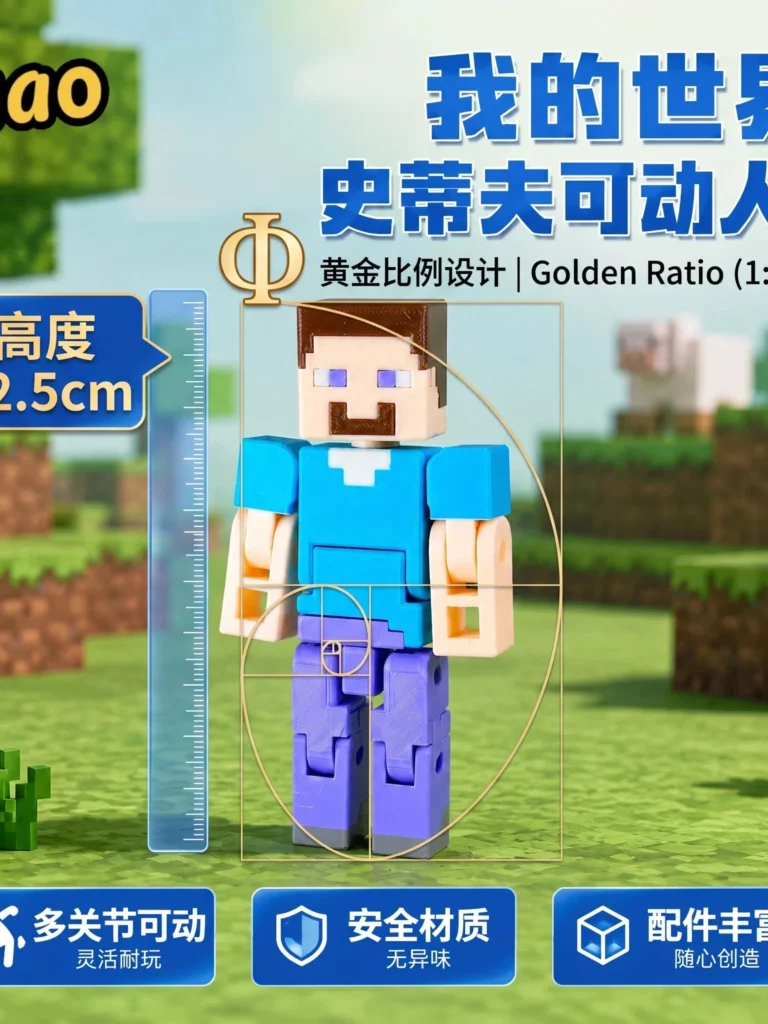 Mc Minecraft Steve Him Articulated Action Figure 3D Printed Block Pixel Style Model Desktop Ornament