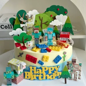 Internet-Famous Minecraft-Themed Boy Cartoon Building Blocks Steve Iron Golem Figurine Birthday Cake Decoration