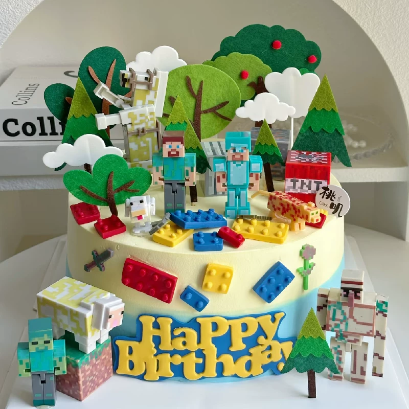 Internet-Famous Minecraft-Themed Boy Cartoon Building Blocks Steve Iron Golem Figurine Birthday Cake Decoration